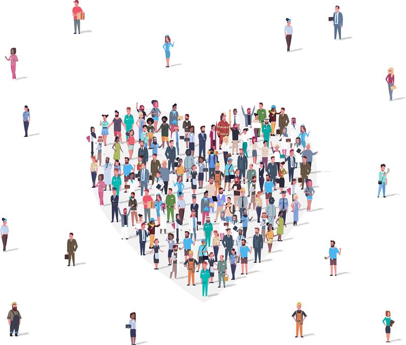 white background with cartoon people standing together to form a heart